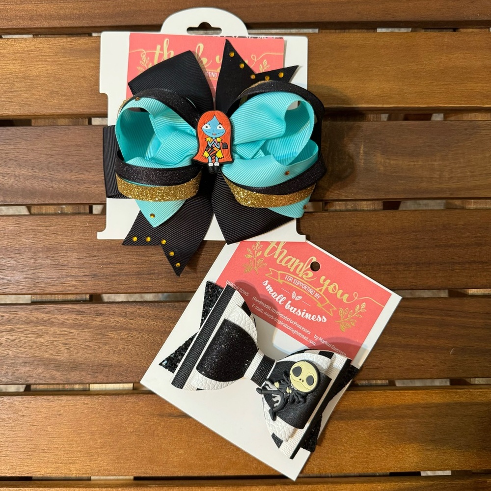 NWOT/ Handmade Jack & Sally Hair Bow Set of 2 /The Nightmare Before Christmas
